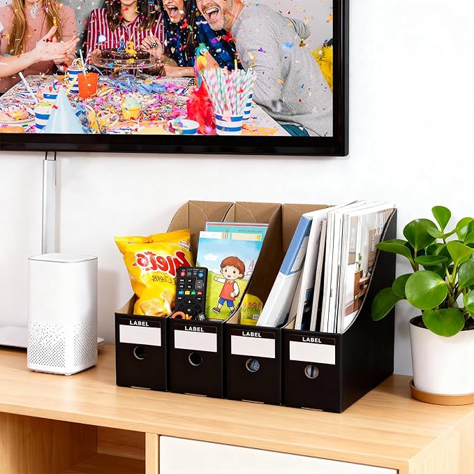 24 Pcs Black Cardboard Magazine File Holder, Foldable Magazine Holder Magazine Storage Box with Labels 10.6×10.2×3.5'' Cardboard Magazine Box for Home Office Desktop Storage