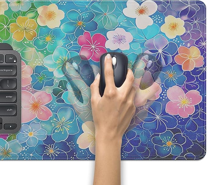 Colorful Floral Large Mouse Pad Desk Pad, 27.5x11.8in Vibrant Rainbow Flower Extended Keyboard Mousepad with Stitched Edges, Non-Slip Waterproof Rubber Base for Office, Computer, Laptop & Home