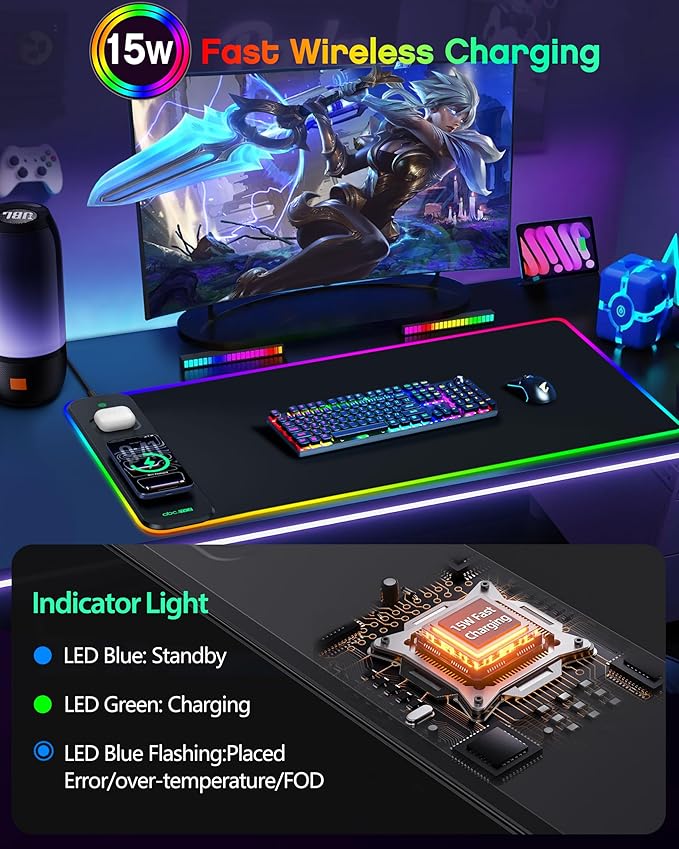 3-in-1 RGB Gaming Mouse Pad with Wireless Charging for Phone/AirPods, 31.5"x15.8" Large, 24 Light Effects, Non-Slip Base, Waterproof Ultra-Smooth Surface, with Adapter