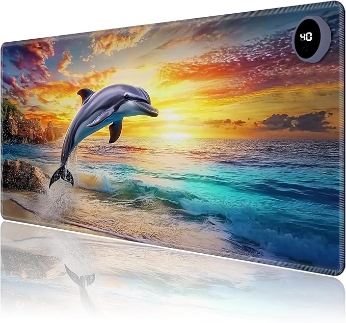 Heated Mouse Pad,Warm Desk Pad with 3 Levels Heating & 3 Hours Auto Shut-Off, PU Leather Heated Desk Pad Warmer Pad for Home Office - 31.5 x 13 inch,Jumping Dolphins