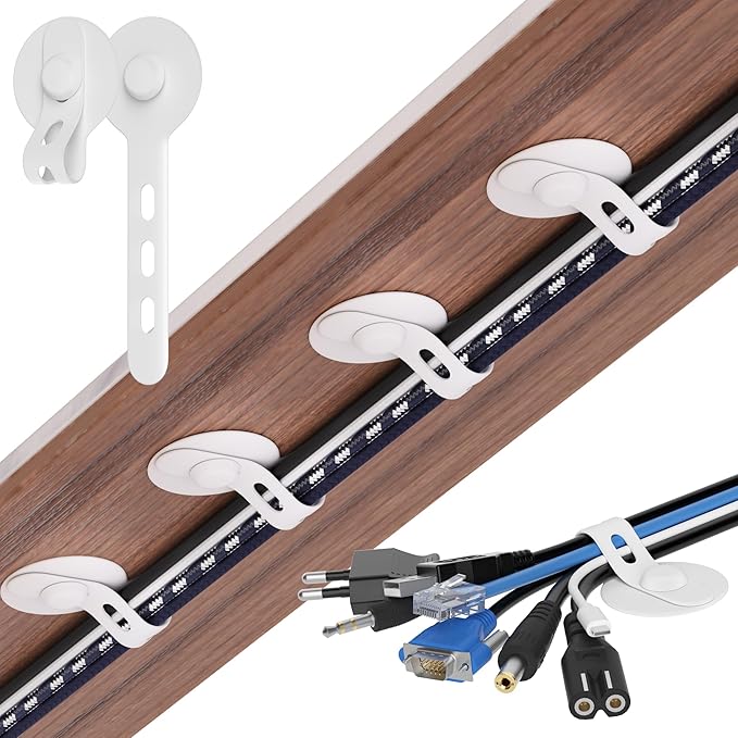 Cable Management Under Desk, Adjustable Self-Adhesive Silicone Cable Ties Cord Organizer, Reusable Heavy-Duty Cord Holder Under Table for Office, Home, School (10Pcs-White)