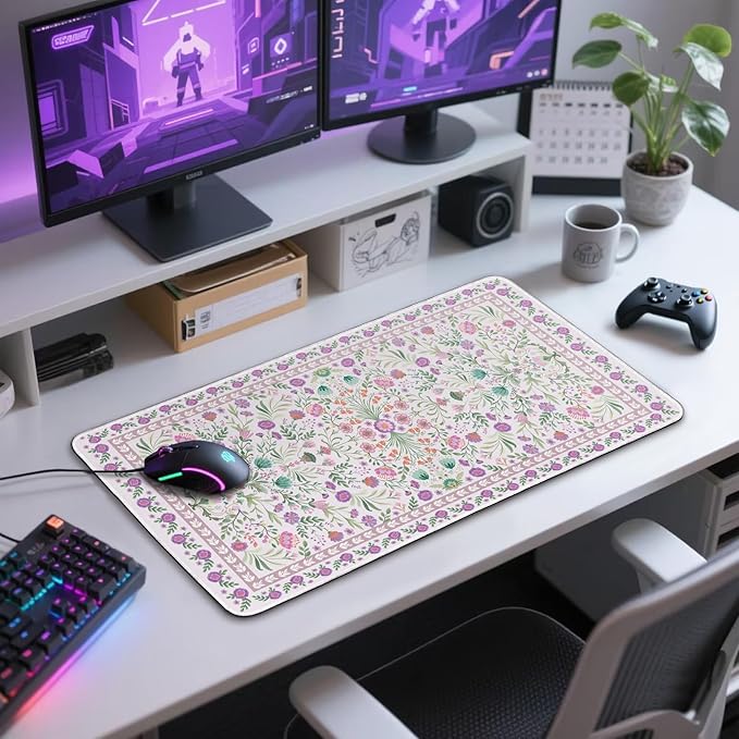 Purple Floral Desk Mat, 31.5"x15.7" Large Mouse Pad, Anti-Slip Rubber Base Keyboard Pad with Stitched Edges, Water-Resistant Smooth Desk Blotter, Computer Mat for Home Office Desk