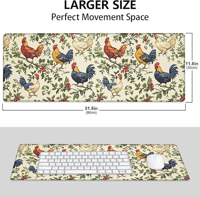Rustic Rooster and Hen Large Mouse Pad, Gaming Mouse Pad, Non-Slip Rubber Base, Office Accessories, Desk Mat, Farm MousePads for School, Work, Home Decor Gifts 31.5" x 11.8"