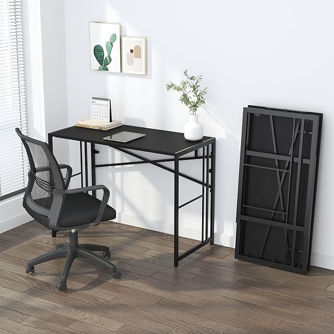 Lutown-Teen Narrow Folding Computer Desk 35 inch, Writing Gaming Computer Desk for Small Spaces, No Assembly Required Small Office Table, Black