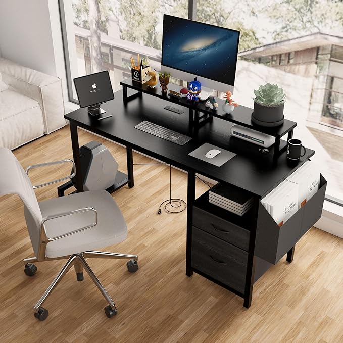 Home Office Desk with Side Pocket and Drawers, Modern Computer Desk for Small Space Bedroom, 47 Inch Gaming Desk with Power Outlet & 2 Movable Monitor Shelves (Black)