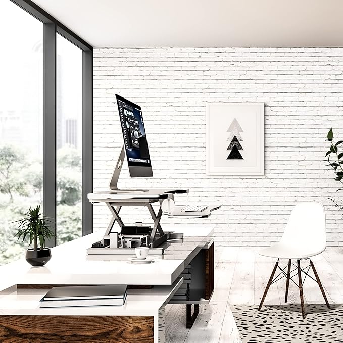 VERSADESK PowerPro 48 Inch Electric Standing Desk Converter – Push-Button Height Adjustable Sit to Stand Desk Riser for Multiple Monitors – Motorized Desktop Workstation with Wide Keyboard Tray, White