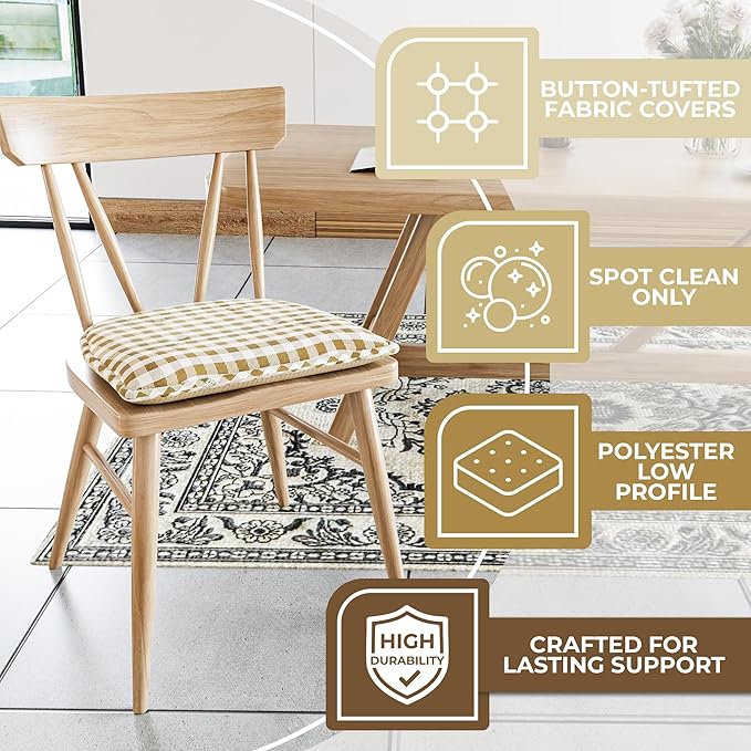Klear Vu Omega Non-Slip Chair Cushions, Assembled in USA, U-Shaped Skid-Proof Seat Pads for Dining Room, Kitchen, Office, 15"x16" 6 Pack Gingham Natural 6 Count
