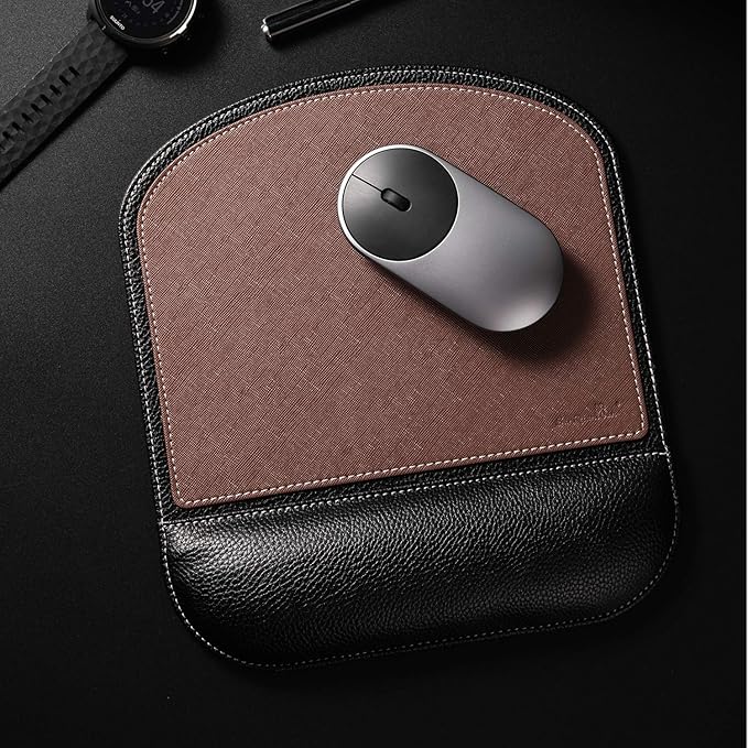 Brown Office Square Leather Mouse Pad with Wrist Rest Non-Slip Design, Business Style Gaming PU Mousepad for Learners, Workers &Computer Users.