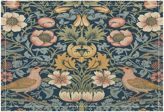 William Morris Bird Placemats Retro Bird Elegant Animal Pattern Linen Washable Table Mats Stain Heat-Resistant Desktop Decor Place Mats for Home Kitchen Dining Party 12x18 in 6 PCS