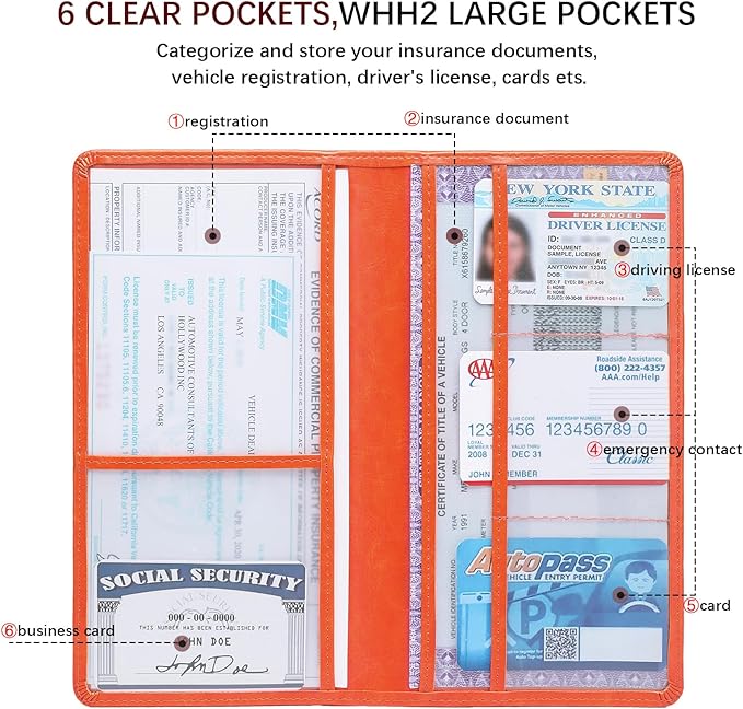 Car Registration and Insurance Card Holder for Women Men, Orange Glove Box Paperwork Organizer with Magnetic Buckle for Easy Access and Protect Documents and Various Cards in Vehicle