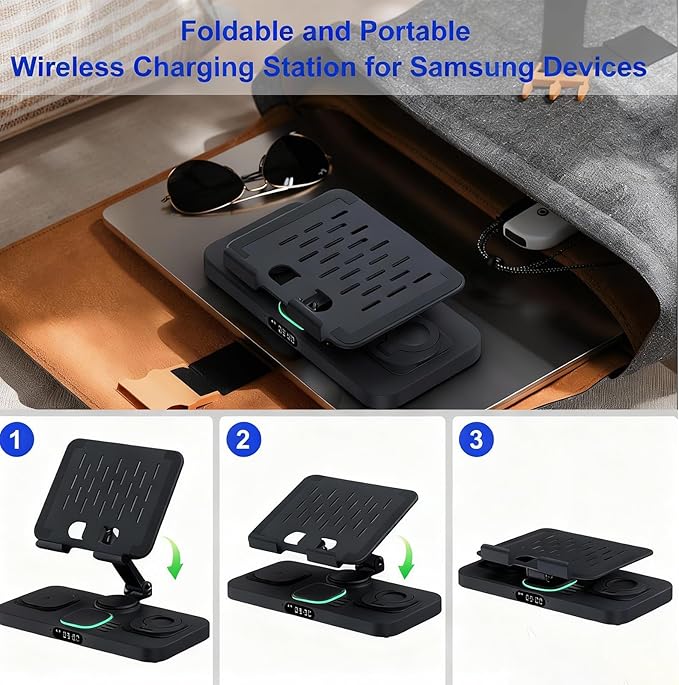30W Tablet Wireless Charger for Samsung, Foldable Android Charging Station with Clock Display with 7-Color Light, Wireless Watch Charger for S25, Only Compatible Samsung Watch, Galaxy Buds3 Pro(Black)