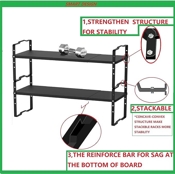 Jojocross Expandable Shelf for Cabinet Organizer Adjustable Stackable Spice Rack at Kitchen and Bathroom More, Counter Countertop Cupboard Organization Pantry Storage(MEDIUM/1PACK/BLACK)