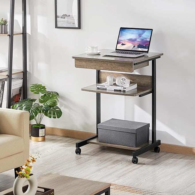 Topeakmart Rolling Computer Desk for Small Spaces, Laptop Computer Desk with Wheels, Mobile Standing Desk Compact Student Bedside Table Taupe Wood