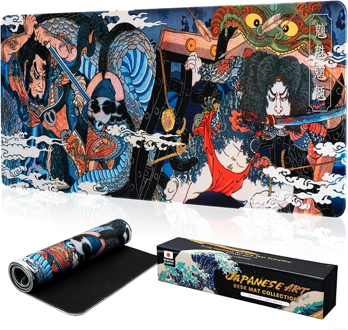 BELLEMOND Japanese Art Desk Mat | Large 31.5x11.8in Anime Mouse Pad for Keyboard & Mouse | Non-Slip Base, Water-Repellent | Original Japanese Design | Dragon Duel