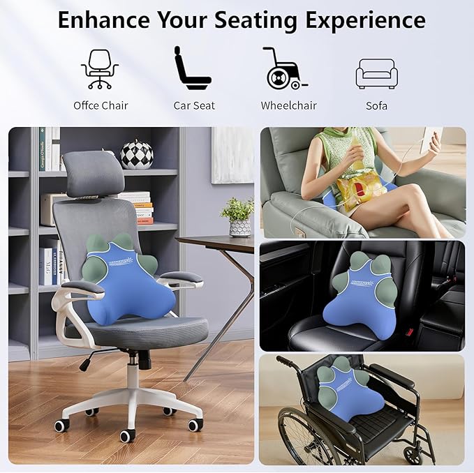 Lumbar Support Pillow for Chair, Ergonomic Back Cushion for Office, Home, Car Seats (Blue)