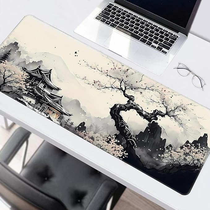 Long Gaming Mouse Pad Extended Anime Large Desk Pad with Non-Slip Base Full Keyboard Mat with Stitched Edges for Gaming and Office 31.5 x 11.8 inches (Wash Painting)