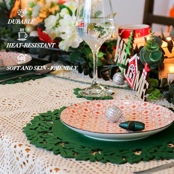 Noctiflorous Round Felt Placemats with Coasters Set of 12 Diameter 13 inch Non Slip Place Mats Heat Resistant Durable Tablemats Fall Table Decorations for Dining Table(Christmas Green, 12)