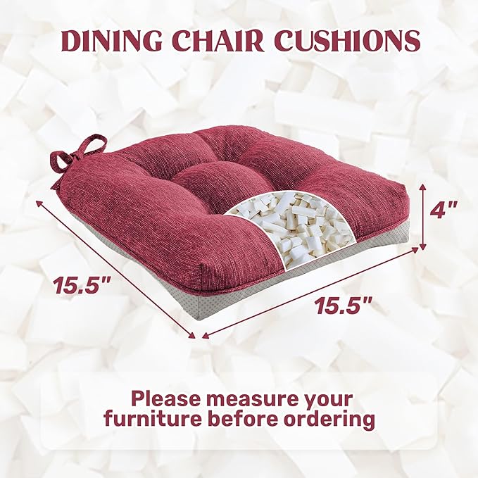 puredown® Chair Cushions for Dining Chairs, Tufted Memory Foam Chair Pads with Non-Slip Backing, Kitchen Seat Cushions with Ties, Washable Pads Set of 4, 15.5" x 15.5" x 4", Wine