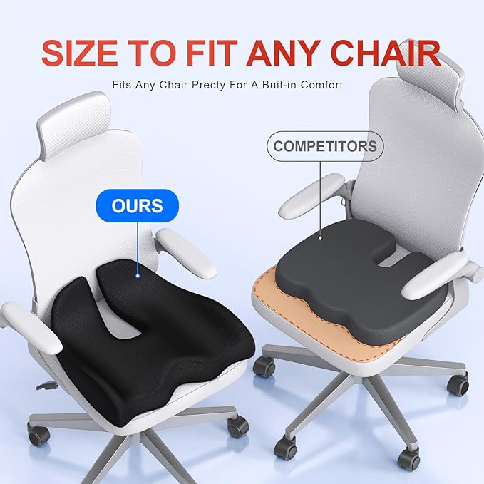 Benazcap Medium Large Memory Seat Cushion for Office Chair Ergonomic Cushions Pad Pillow for Pressure Relief Sciatica & Pain Relief Memory Foam for Long Sitting for Gaming Chair and Car Seat Black