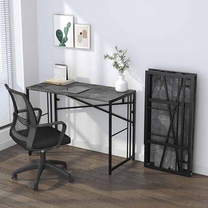 Lutown-Teen Narrow Folding Computer Desk 35 inch, Writing Gaming Computer Desk for Small Spaces, No Assembly Required Small Office Table, Grey
