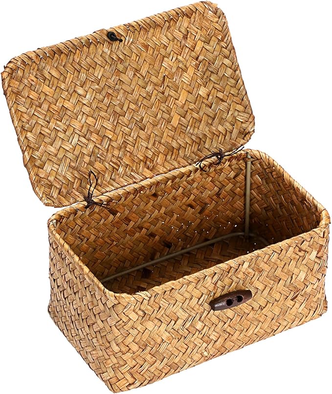 Hipiwe Mini Seagrass Basket with Lid Decorative Shelf Basket Box Multipurpose Desktop Organizer, Caramel 7.0" x 4.3" x 3.3"