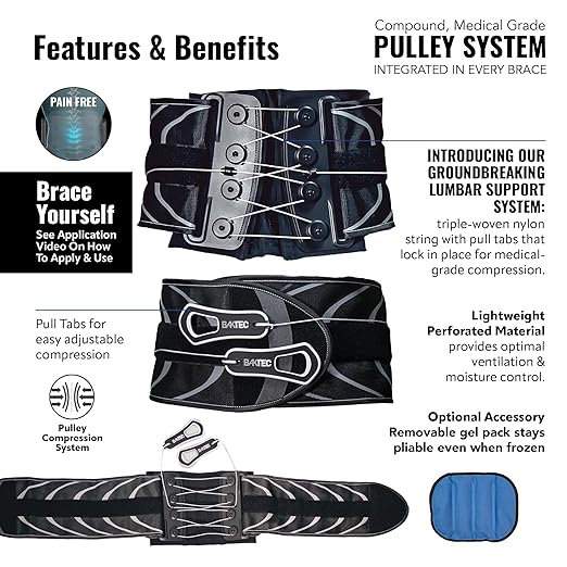 BakTec Universal LSO Lower Back Brace for Women & Men - Adjustable Lumbar Support Belt - Breathable Design Back Brace Support for Stability & Posture - Universal Sizing SM-XL