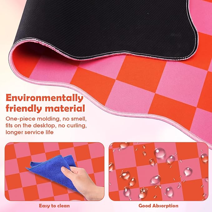 Copkim 1 Pcs Pink Orange Scalloped Checkered Desk Mat 31.5 x 11.8 Large Cute Mouse Pad Computer Mat Non Slip Waterproof Rubber Base with Border Stitching Soft Keyboard Pad for Home Office Game Makeup