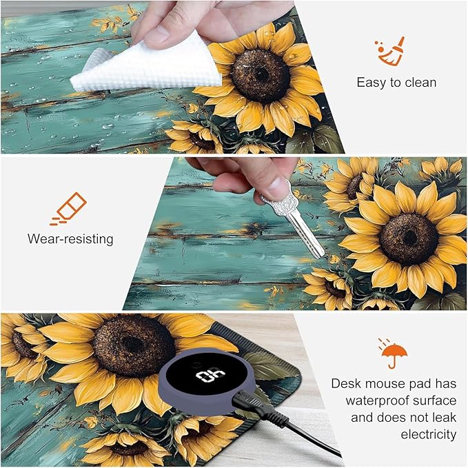 Heated Mouse Pad,Warm Desk Pad with 3 Levels Heating & 3 Hours Auto Shut-Off, PU Leather Heated Desk Pad Warmer Pad for Home Office - 31.5 x 13 inch,Sunflower Blue Wood Grain