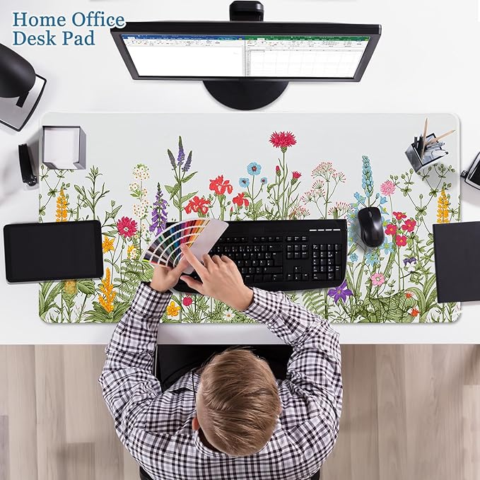 Desk Pad Botanical Floral, Desk Mat for Desktop, Sage Green Spring Flowers XXL Large Gaming Mouse Pad Non-Slip Rubber Base Stitched Edges Waterproof Keyboard mat for PC/Laptop/Computer/Work/Office