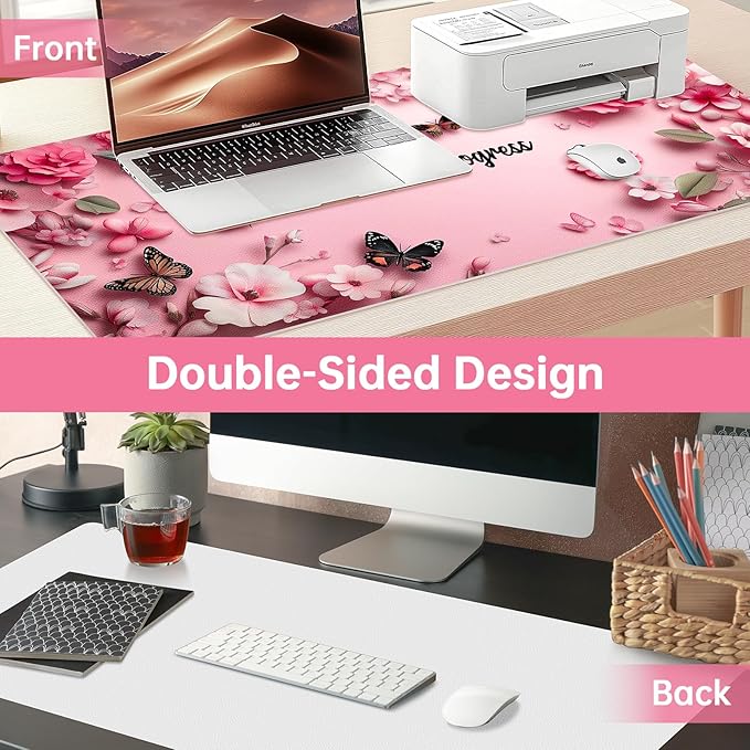 PU Leather Desk Mat Blotter,Cute Pink Desk Mat for Office, Home,School,Keyboard,Mouse,15.7"x31.5" Large Non-Slip Writing Mat with Travel Storage Strap, Waterproof Easy to Clean (Pink Butterfly)