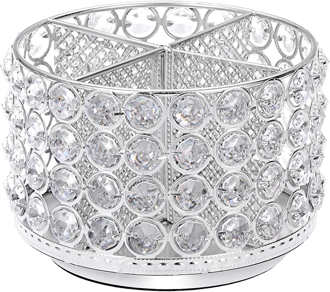 Hipiwe Crystal Vanity Organizer Makeup Brush Holder- 360 Rotating Cosmetic Brushes Display Organizers Spinning Remote Control Holder Bathroom Storage Organizer for Eyebrow Pen Pencil,Silver 4-Slot