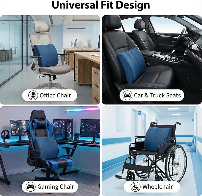 Poshetion Lumbar Support Pillow for Office Chair & Car – Memory Foam Back Cushion with Adjustable Straps & Breathable Mesh Cover（Blue）