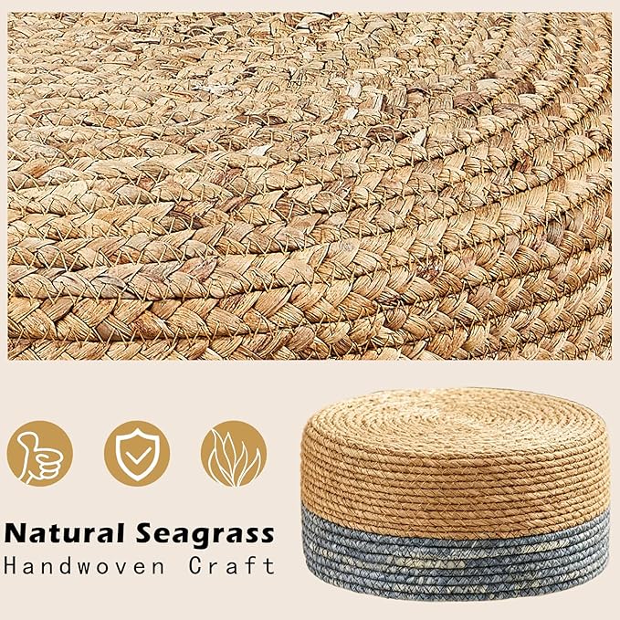 Wimarsbon Round Foot Stool Natural Seagrass Poufs Ottoman Hand Weave Footrest Stool for Couch Desk Extra Seat Step Stool with Solid Wood Legs for Hallway Patio Lounge Blue