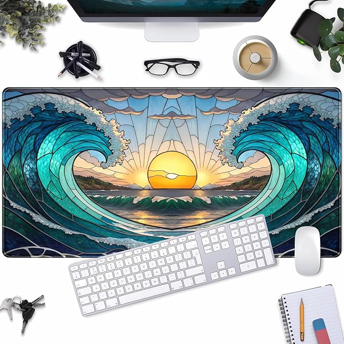 YKJWW Beach Sunset Desk Pad Cute Large Mouse Keyboard Desk Mat, Aesthetic Cute Gaming Desk Keyboard Mats for Desk Mat, Faux Stained Glass Sunset Mousepad Southwest Landscape Desk Pad 31.5x15.7 in