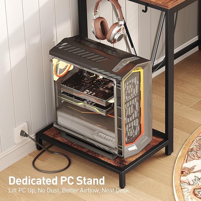 RALGEND Computer Desk with Shelves and Drawers, 43.3 Inch Gaming Desk with Charging Station and LED Lights, Desk Workstation with Monitor Stand and Storage for Home Office, Rustic Brown