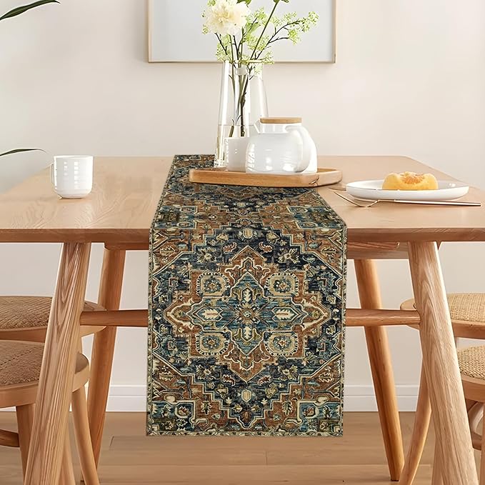 Boho Blue Brown Table Runner,Vintage Elegant Farmhouse Table Center Linen Decor,Country Rustic Farmhouse Magical Fall Kitchen Dining Table Decoration for Home Dining Party Decor 13x108 Inch