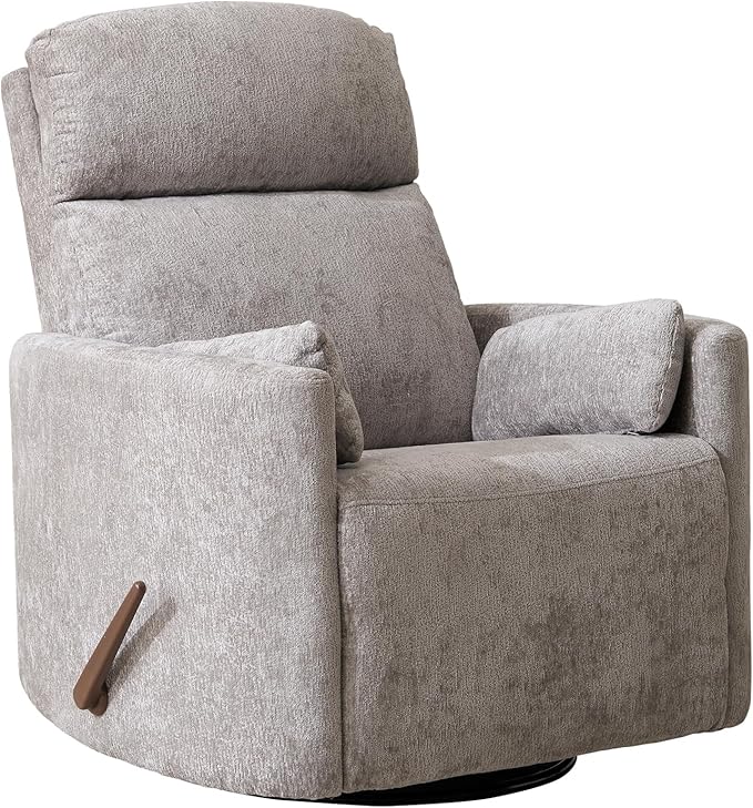 Oversized Swivel Rocker Recliner with Massage and Heat, Rocker Nursery Recliner for Adults with Adjustable Headrest, 26" Extra Wide Nursery Chair with 2 Pillows, Light Grey