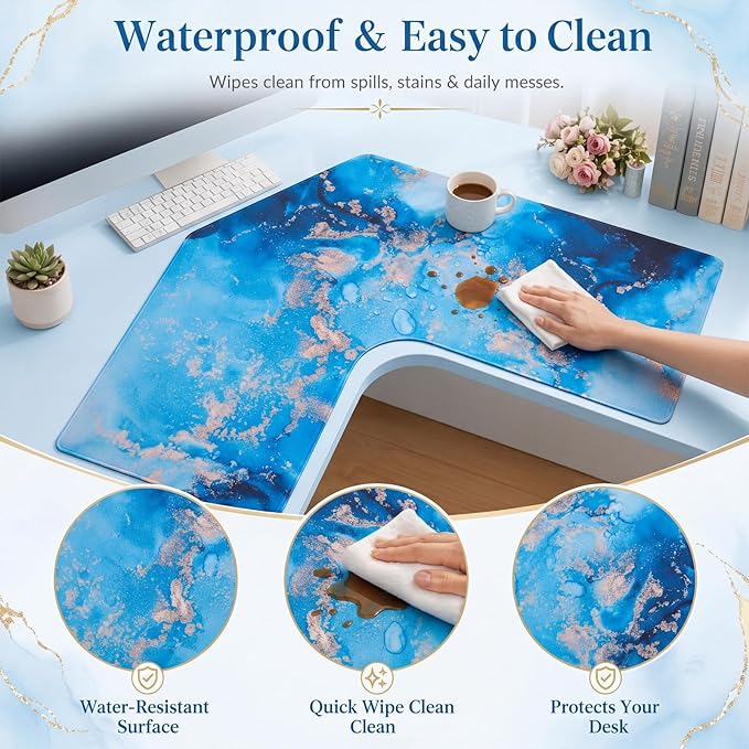 Relaxweex L Shaped Desk Mat for 90° Corner Desks, 26" x 26" Blue Waterproof Mouse Pad with 18" Inner Corner, Non-Slip Rubber Desk Protector for Office & Gaming