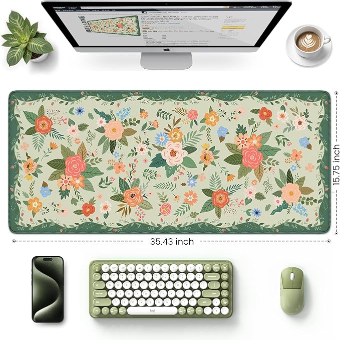HAOCOO Cute Green Desk Mat, Floral Keyboard & Mouse Pad for Office/School/Home, Waterproof Large Desktop Mat, Non-Slip Cubicle Decor with Stitched Edge, Desk Pad Protector Girly Supplies