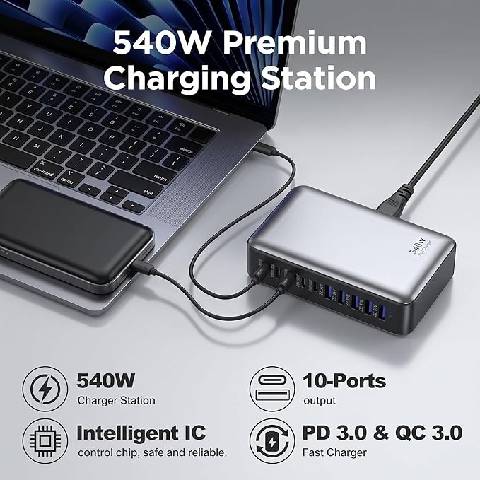 540W USB C Charger Block, 10 Port Charging Station USB Charger Block Double 100W Gan Laptop Fast Charging Compatible with MacBook Air/Pro, iPhone, iPad, Dell XPS, Samsung Galaxy Note