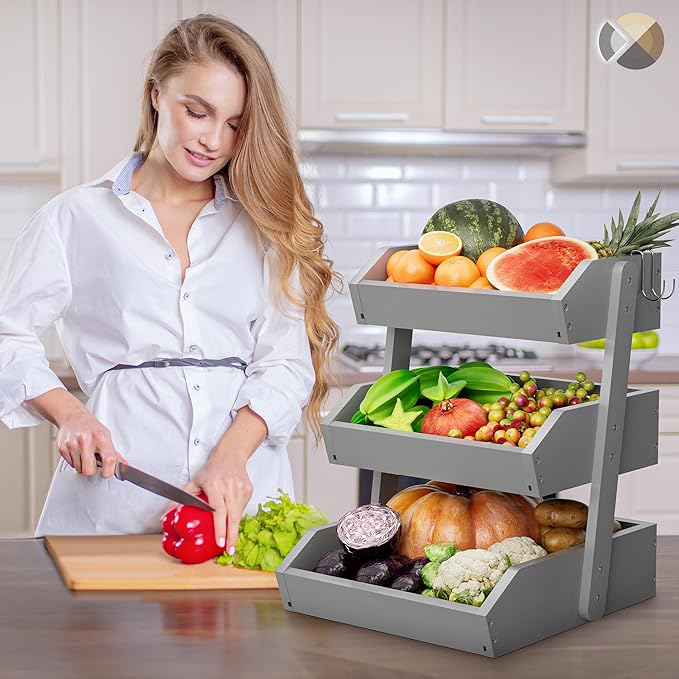 Hellojin Bamboo 3 Tier Fruit Basket For Counter, Large Capacity Fruit Storage Countertop, Fruit Holder, Wooden Pantry Organizers and Storage, Kitchen Countertop Organizer With 2 Banana Hangers (Grey)