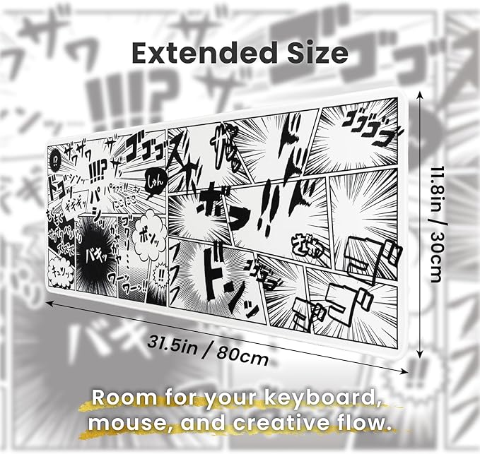 BELLEMOND Japanese Art Desk Mat | Large 31.5x11.8in Anime Mouse Pad for Keyboard & Mouse | Non-Slip Base, Water-Repellent | Original Japanese Design | Manga Burst