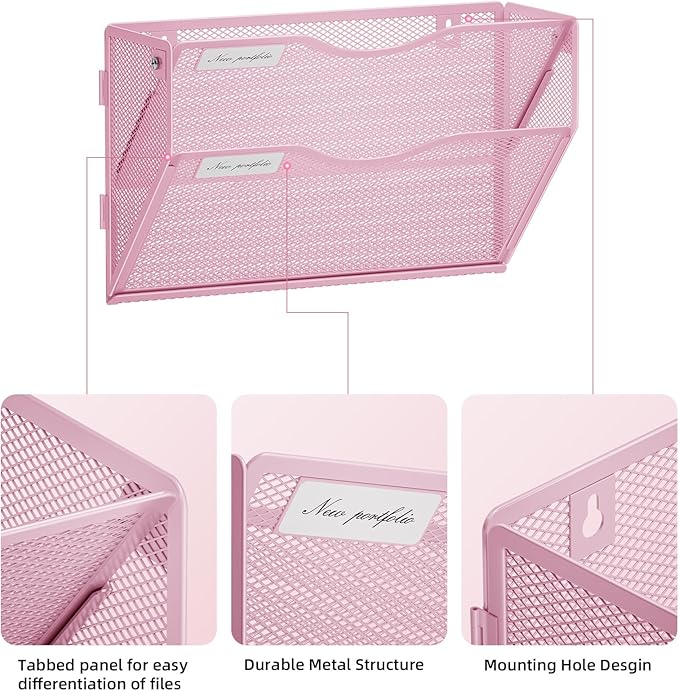 Marbrasse Wall File Holder 2-Tier Hanging Wall File Organizer, Mesh Mail Holder for Papers, Wall Mount File Clipboard & Magazine Organizer Great for Office Home - 2P(Pink)