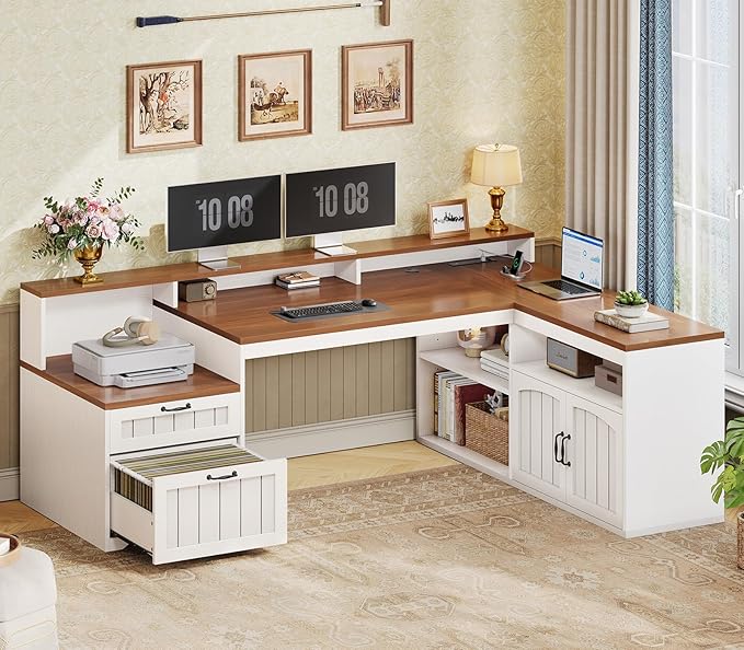SEDETA Farmhouse L Shaped Desk with Drawers, 59" Office Desk with File Drawers, Wood Corner Computer Desk with Storage Cabinet, Home Office Desk with Monitor Stand & Power Outlets, Brown and White
