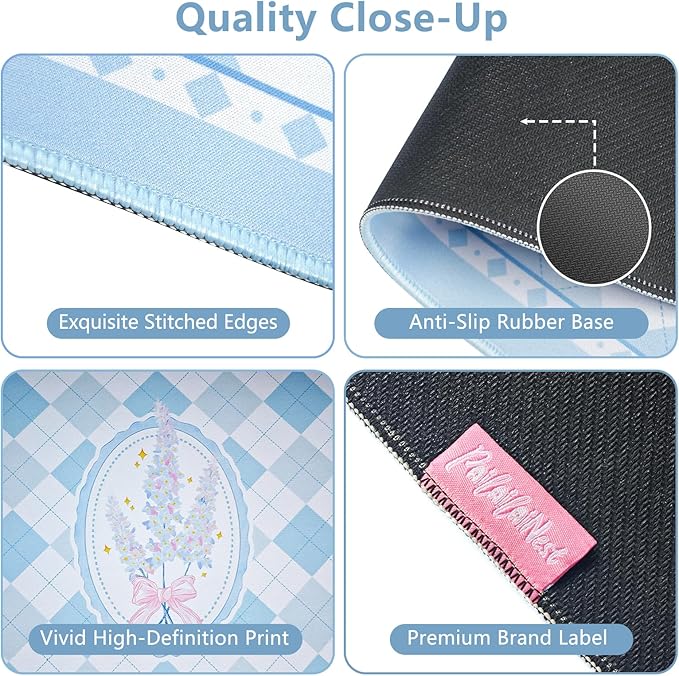 Aesthetic Floral Mouse Pad Large 35.4×15.7 Checkered Blue Desk Mat for Women, Non-Slip Water-Resistant Keyboard Pad for Home Office Gaming