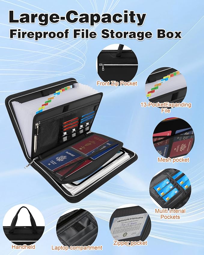 Fireproof Important Document Organizer Folio Folder - Expanding Accordion File Organizer with 13 Pockets, Handle & Labels, Portable Travel Safe for Home, A4, Letter, Portfolio Files