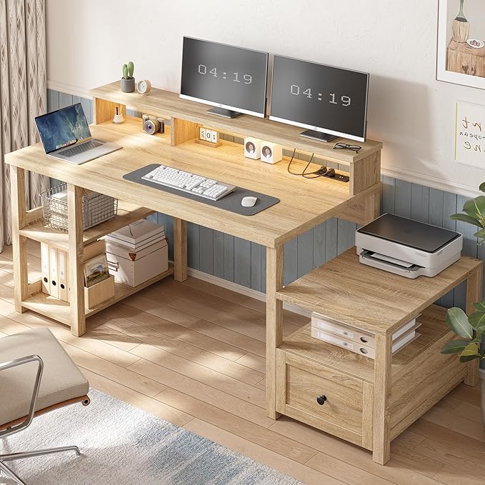 EnHomee 60.4" Farmhouse Computer Desk with Drawer & Power Outlet, Gaming Desk with LED Light, Office Desk with Monitor Stand, Study Desk, Work Desk for Home, Study Room, Bedroom, Natural Oak Finish