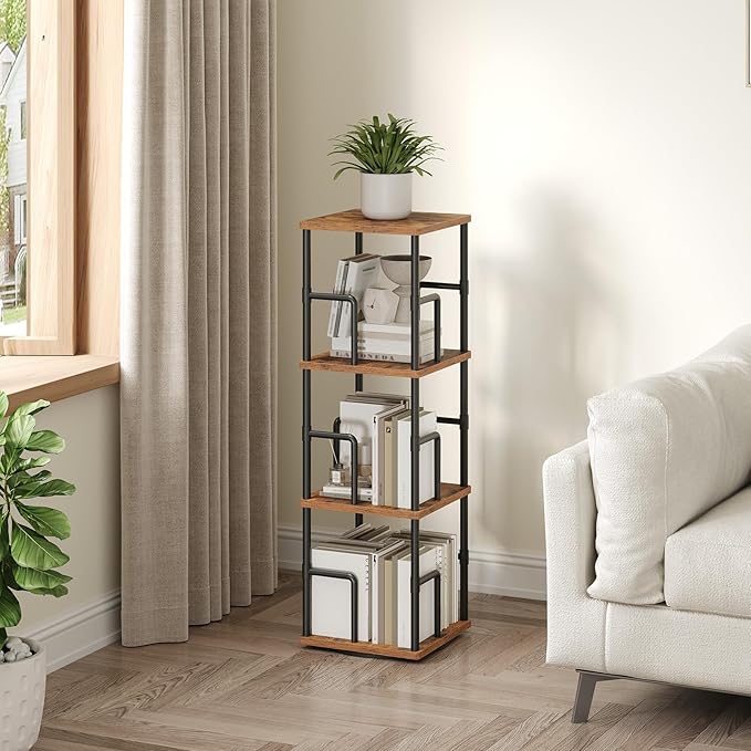 MAHANCRIS 3-Tier Rotating Bookshelf, Freestanding Corner Bookshelf, 360° Spinning Bookcase, Industrial Style Storage Rack with Rails, for Living Room, Bedroom, Study, Rustic Brown and Black BKHR1401