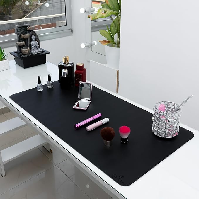 Desk Mat -Computer Desk mat with Non Slip Suede Bottom with Stitched Edges- Waterproof - Leather Desk pad PU Desk Cover for Home, Mouse, Makeup Mat for Vanity (BLACL, 35.4 X 15.7)