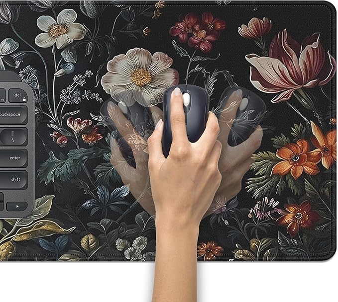 Dark Floral Large Mouse Pad Desk Mat, 27.5x11.8in Vintage Botanical Desk Pad Keyboard Mousepad with Stitched Edges, Non-Slip Waterproof Rubber Base for Office, Computer & Laptop